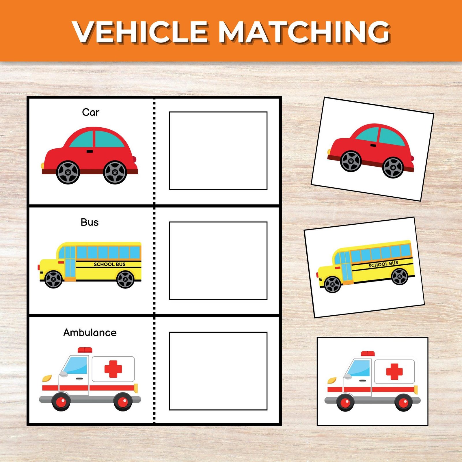 Transportation Matching Game, Toddler Matching Activity, Preschool Learning, Montessori Material, Homeschool Resource