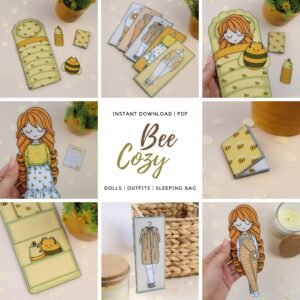 Printable Bee Cozy Bundle with Paper Dolls, Outfits and Sleeping Bag Templates, Digital Download, Activities For Kids