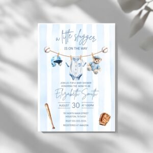 Baseball Baby Shower Invitation - Editable - Printable - Canva Template - Digital Download - Cute Baby Shower Invite - Little Slugger Invite