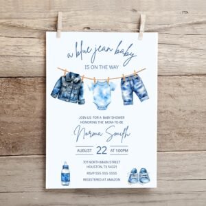 Blue Jean Baby Shower Invitation - Editable - Printable - Canva Template - Digital Download - Boy Baby Shower Invite - Baby Clothes Invite