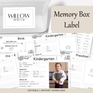 Memory Box Label School Years Pages Baby Keepsake Folder File Tab Cover Kids Grade Organization Yearly Questionnaire Filing System EDITABLE