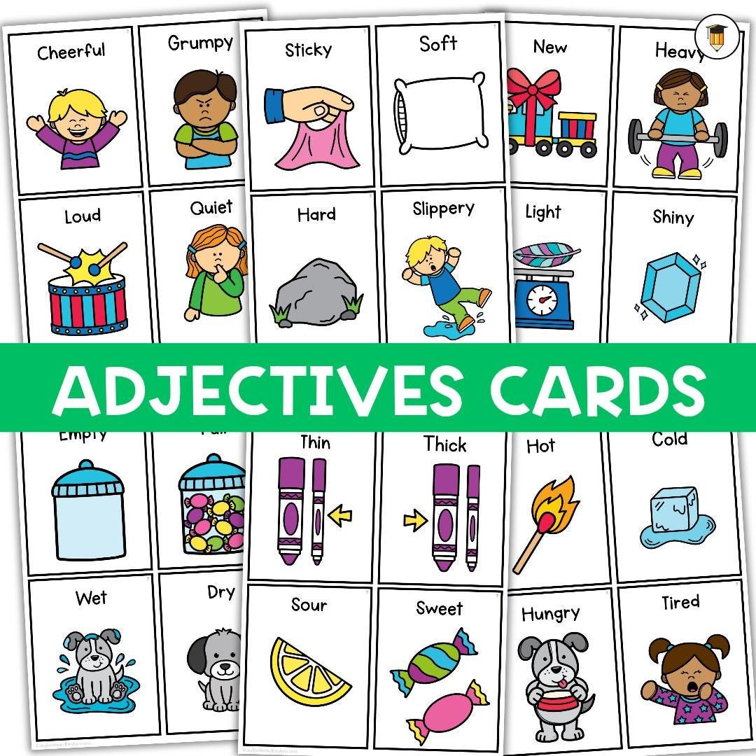 50 Adjectives Flashcards | Parts of Speech | Writing Flashcards | Word Wall | Vocabulary | Classroom Printables | Anchor Chart