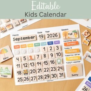 Editable Kids Calendar: Printable Toddler Learning, Preschool Classroom Decor (Digital Download)
