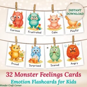 32 Monster Feelings Cards, Printable Emotion Flashcards for Kids, Social Emotional Learning, Preschool & Toddler Montessori Activities