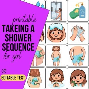 Autism Shower Routine Flashcards for Girls, AAC Communication Visuals (Editable PDF)