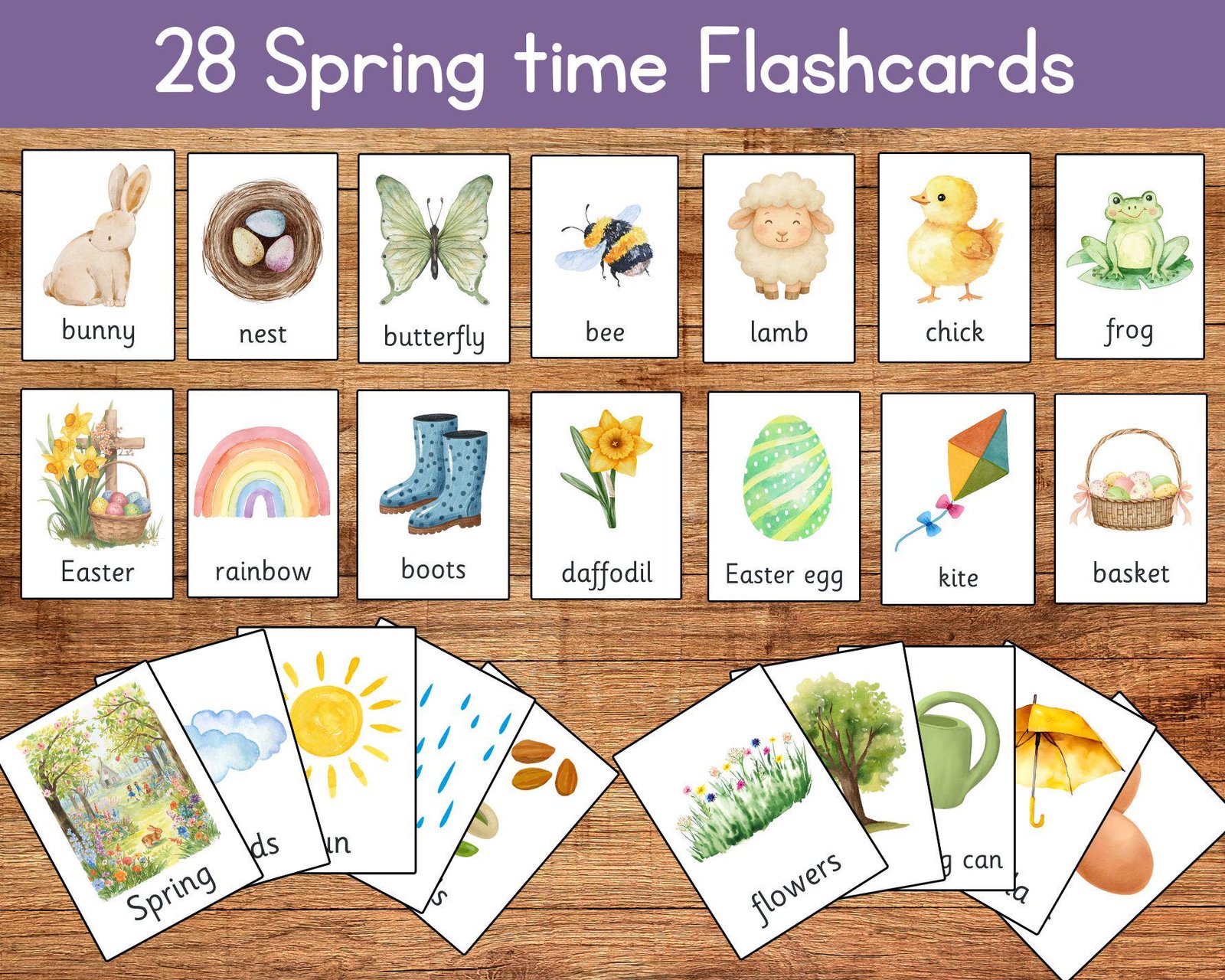 Spring Flash Cards, Easter Flashcards, Educational Printable, Toddler Flashcards, Pre-School Flashcards, Spring Keywords Seasons Vocab