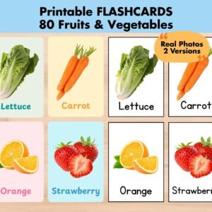 80 Fruits Vegetables Flashcards, Printable Real Photo Food Nomenclature Flash Cards PDF, Educational Back to School Activity Montessori