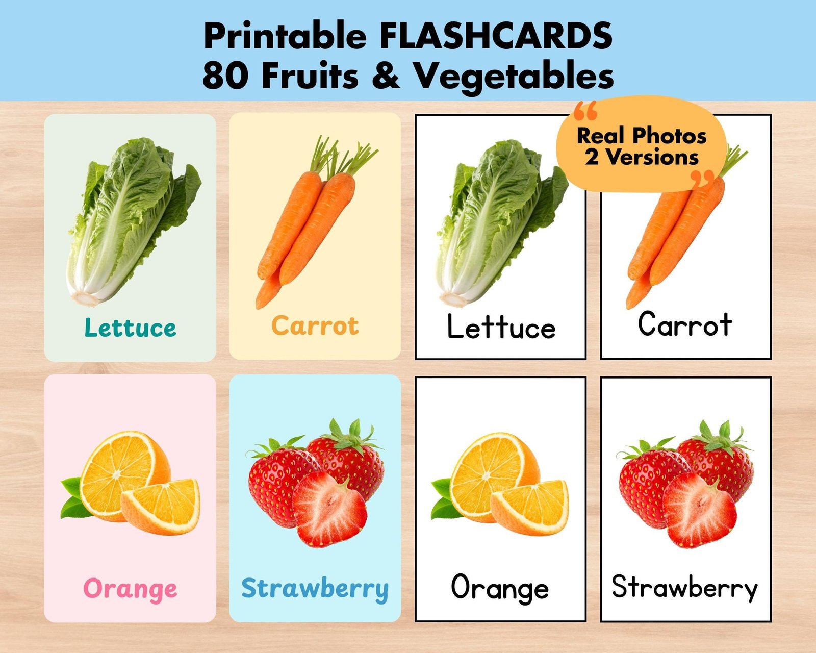 80 Fruits Vegetables Flashcards, Printable Real Photo Food Nomenclature Flash Cards PDF, Educational Back to School Activity Montessori