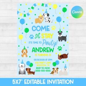 Puppy Party Invitation - Editable - Printable - Canva Template - Digital Download - Blue Dog Party Invite