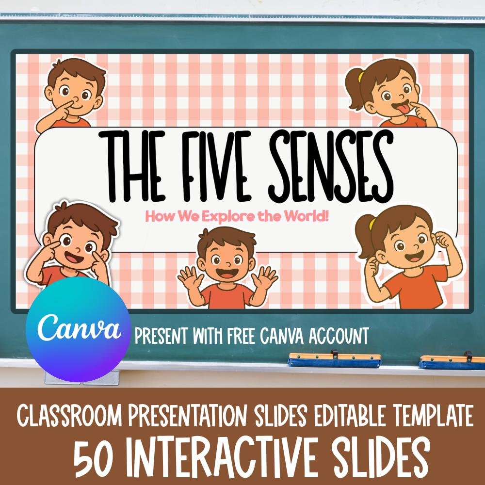5 Senses Presentation Slides Canva Template, Five Senses Activities, Classroom Slides for Preschool science lesson